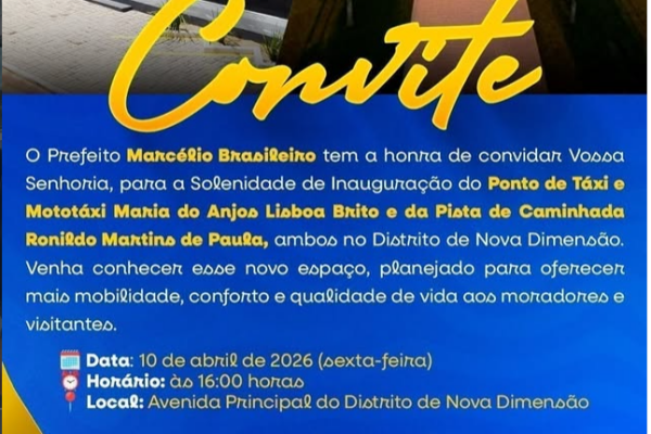 Arte de convite oficial para inauguração de obras em Nova Dimensão com o brasão da Prefeitura de Nova Mamoré