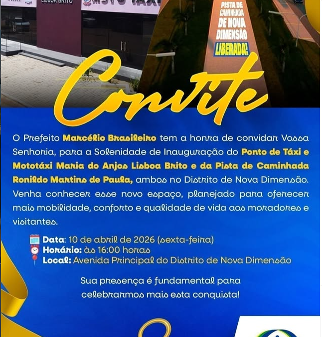 Arte de convite oficial para inauguração de obras em Nova Dimensão com o brasão da Prefeitura de Nova Mamoré